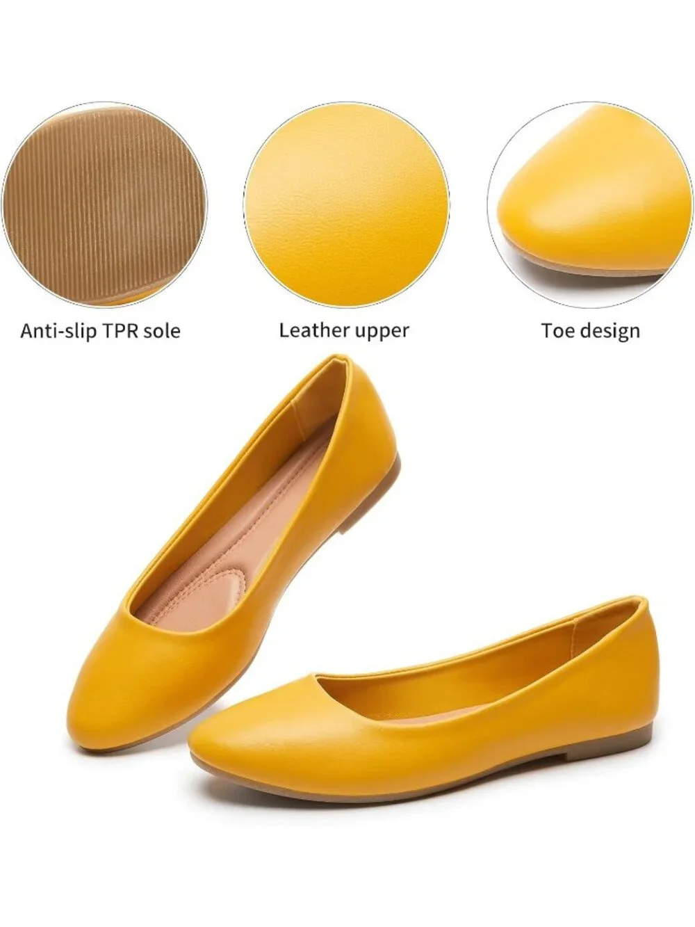 Women's Yellow PU Leather Closed Toe Comfortable Flexible Slip On Ballet Flats